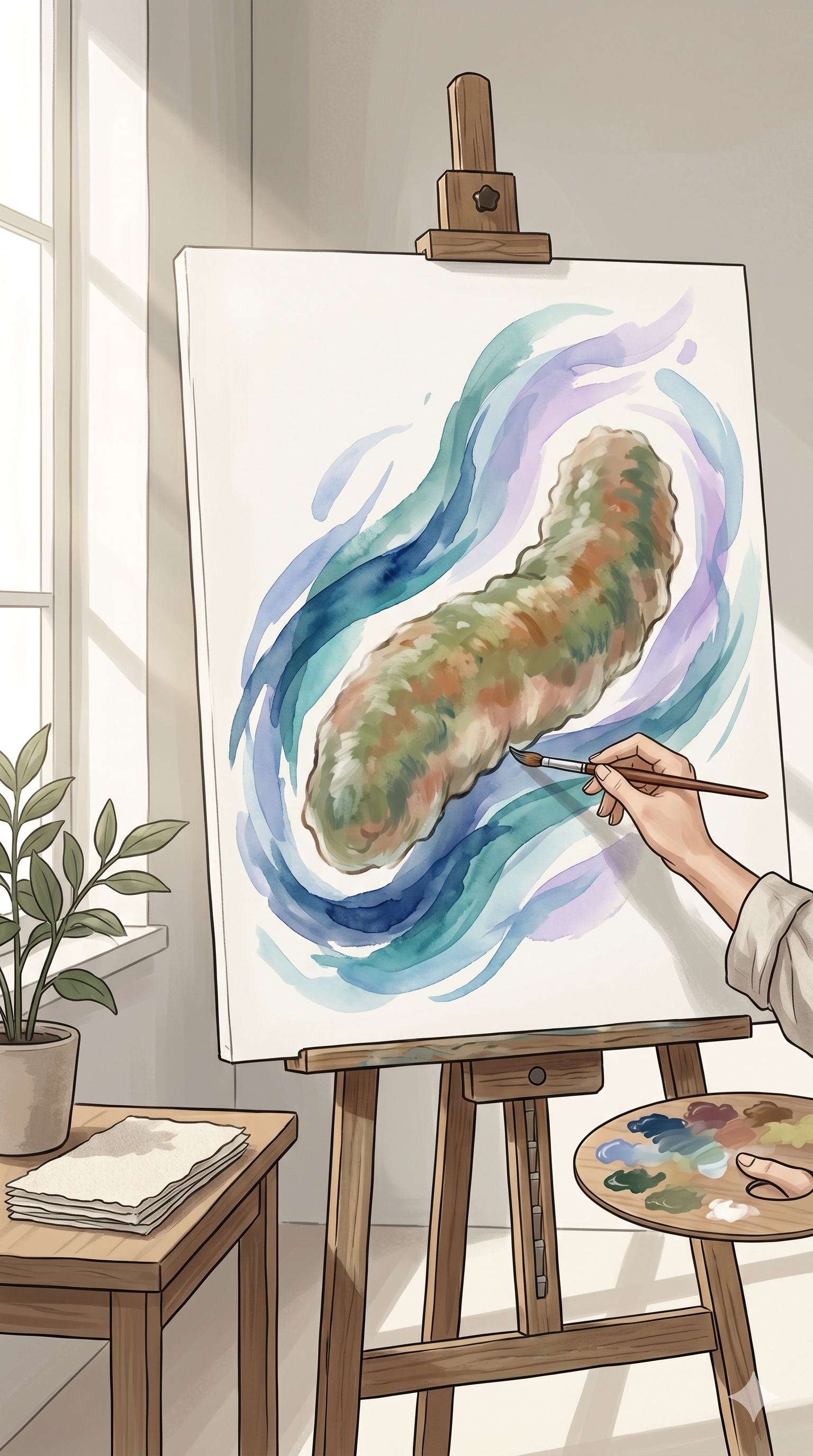 A person painting an abstract sea-cucumber-like shape on a canvas in a sunlit art studio.